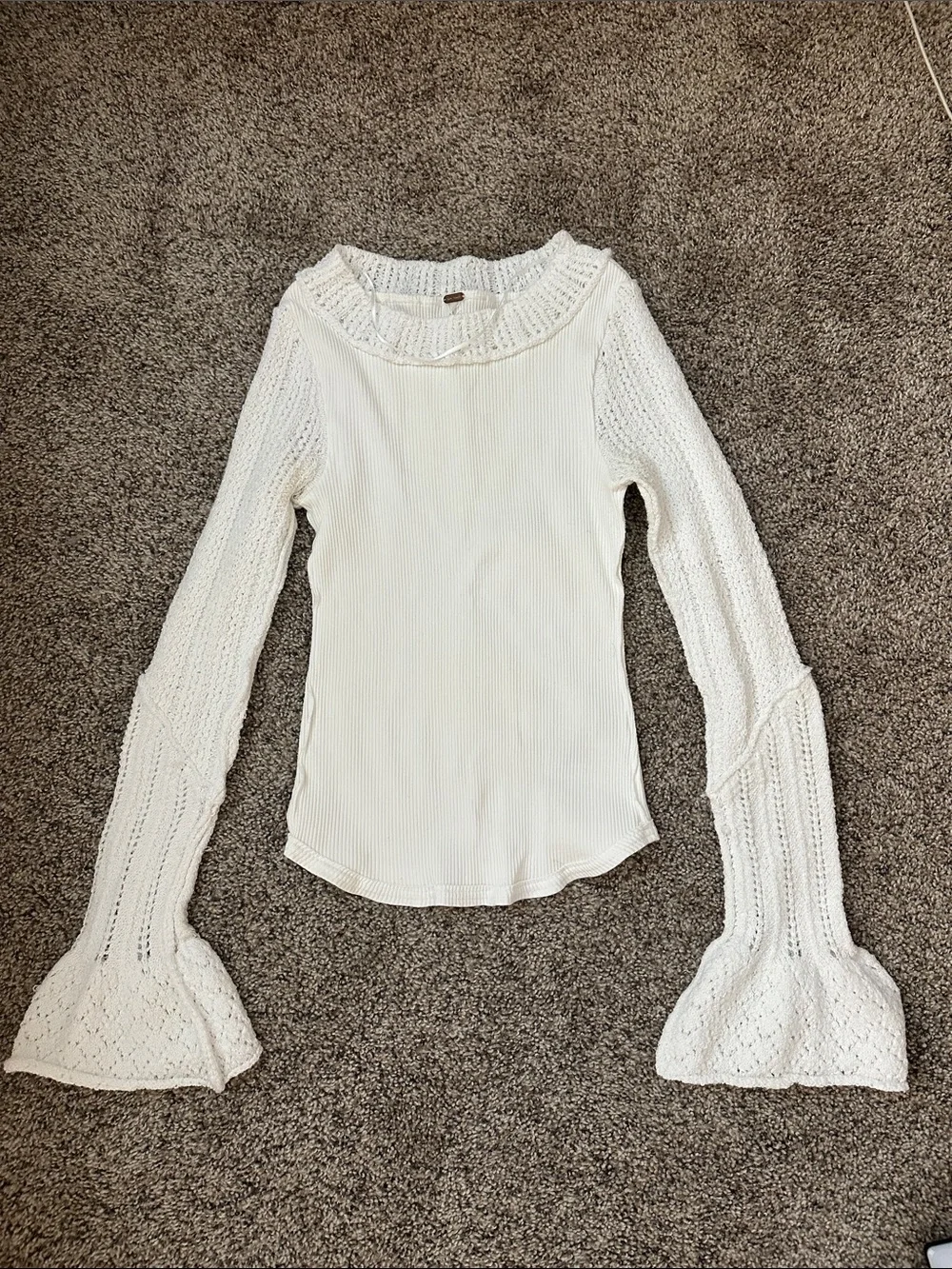 Free People Cream/White Ribbed Cozy Pullover